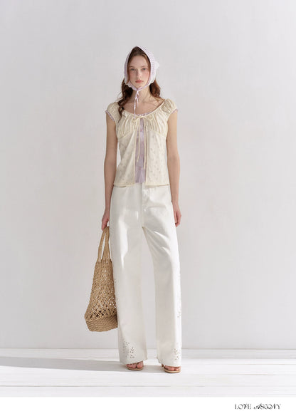 Two-Layer Floral Cutout Contrast Tie-Front Blouse