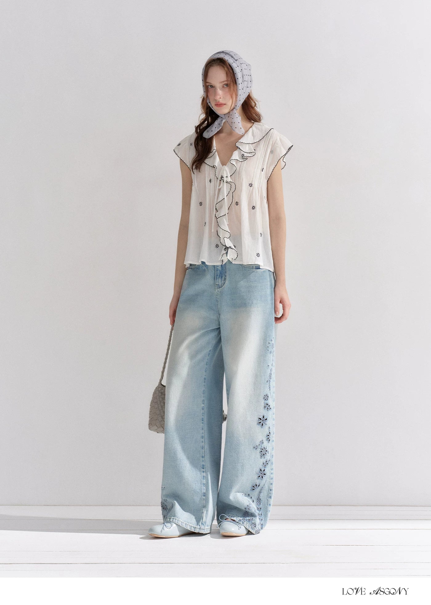 Cotton-Feel Embroidered Ruffle Sleeve Blouse