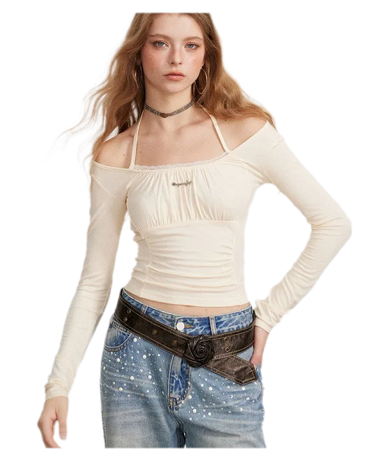 Ruching Lace Trim Long-Sleeve Top