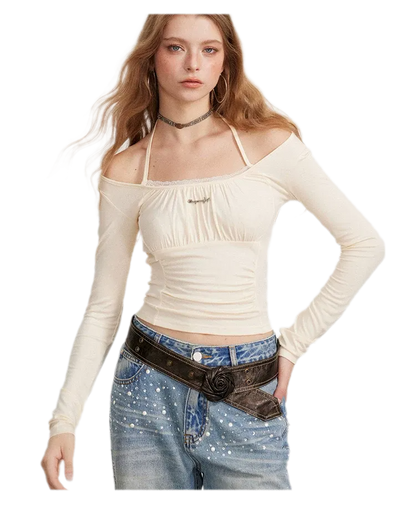 Ruching Lace Trim Long-Sleeve Top
