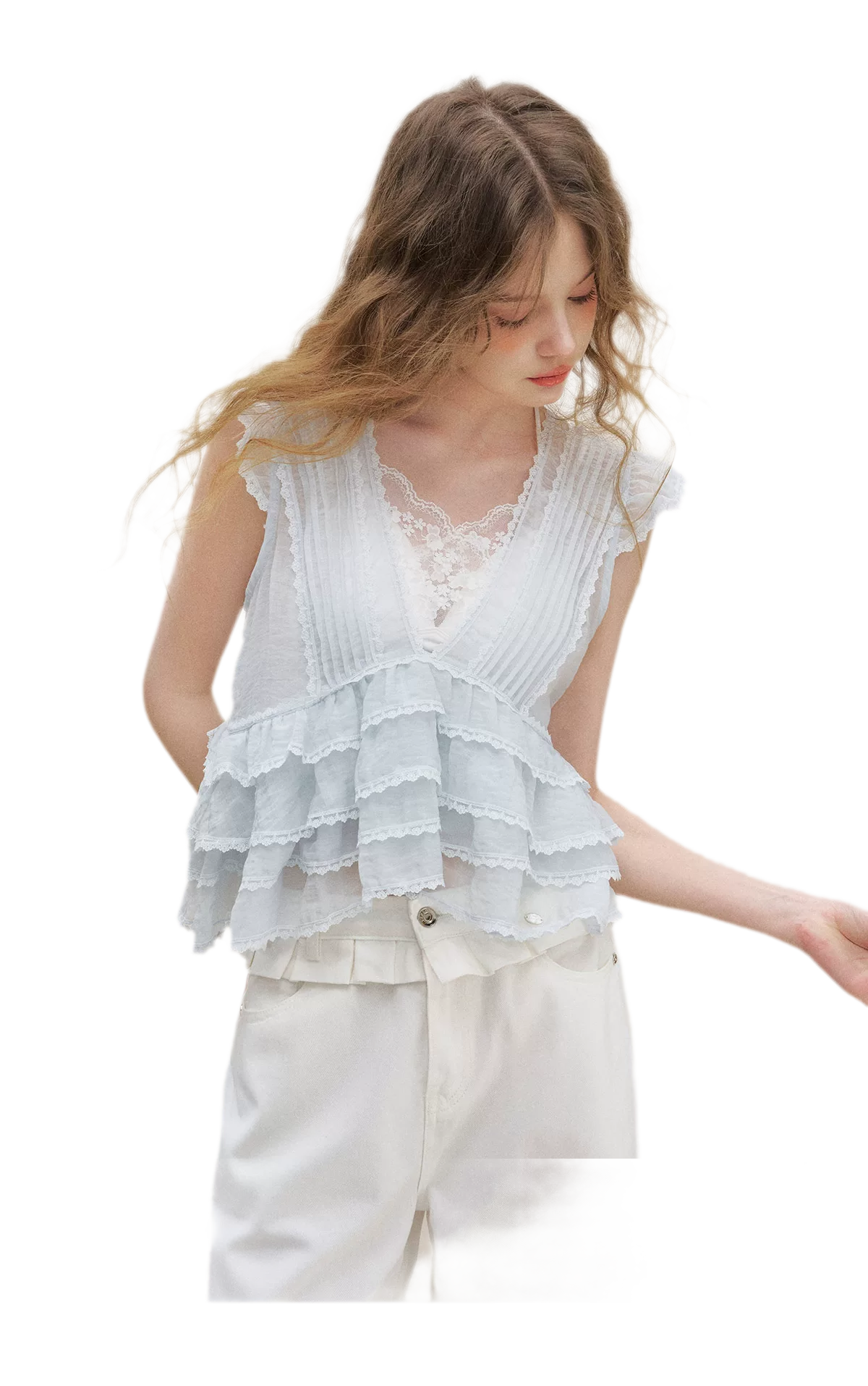 Organza Lace Ruffle Sleeveless Top