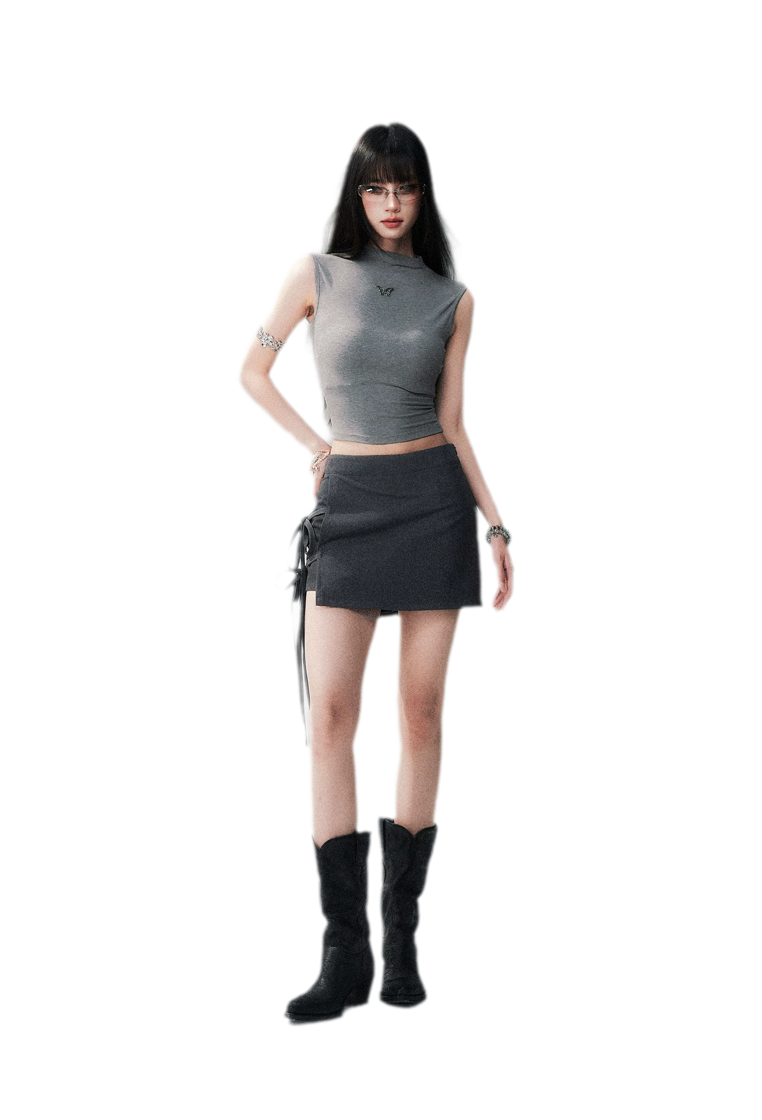 Grey Tie Low-Rise Skort
