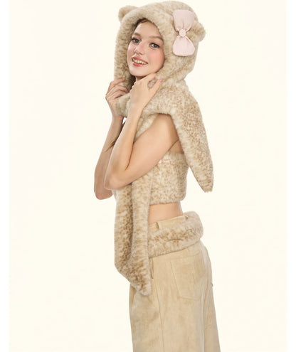 Cappello-sciarpa in pelliccia con stampa leopardata