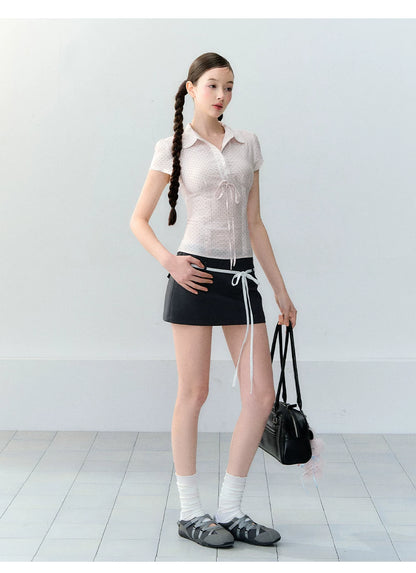 Korean Style Color-Block Tie Waist Shorts Skirt