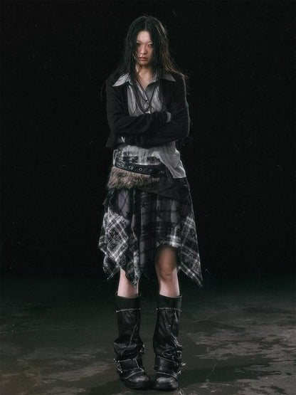 Star Plaid Raw-Edge Skirt