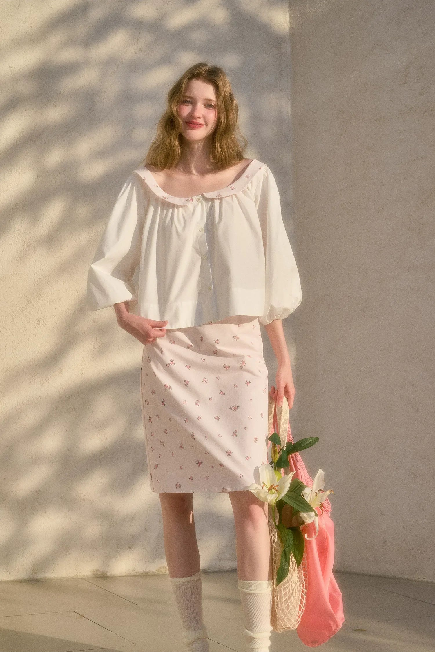 Floral Puff-Sleeve Blouse Skirt Set