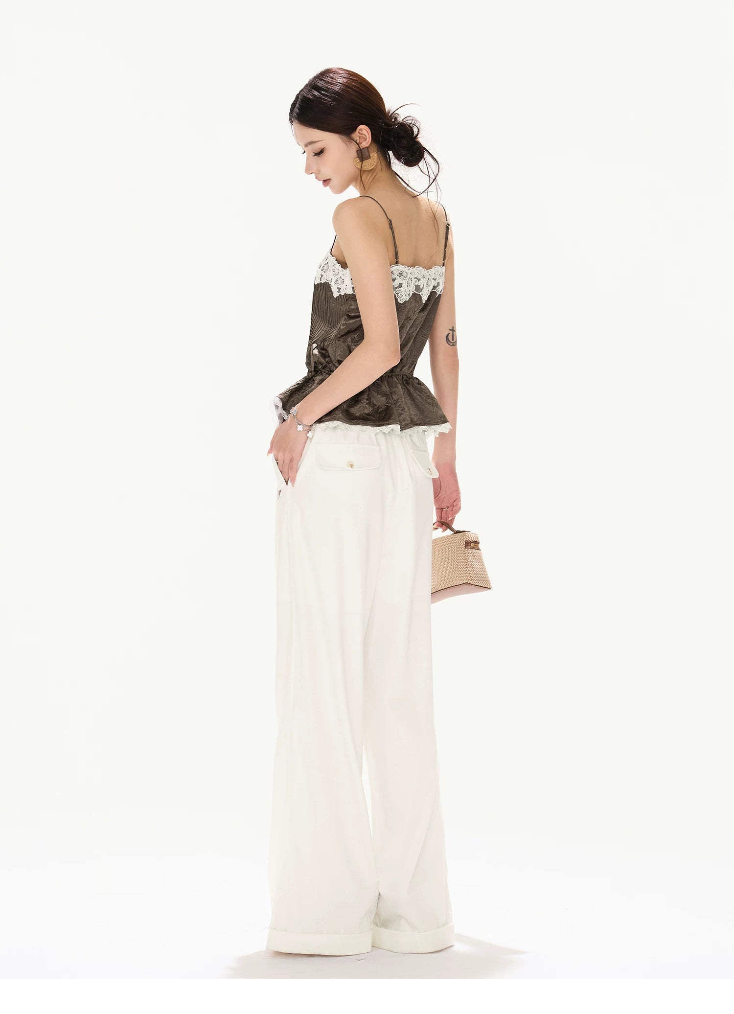 South France Holiday Contrast Lace Trim Ruffle Camisole