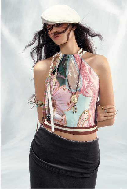 Reversible Satin Halter Top with Colorblock Weave
