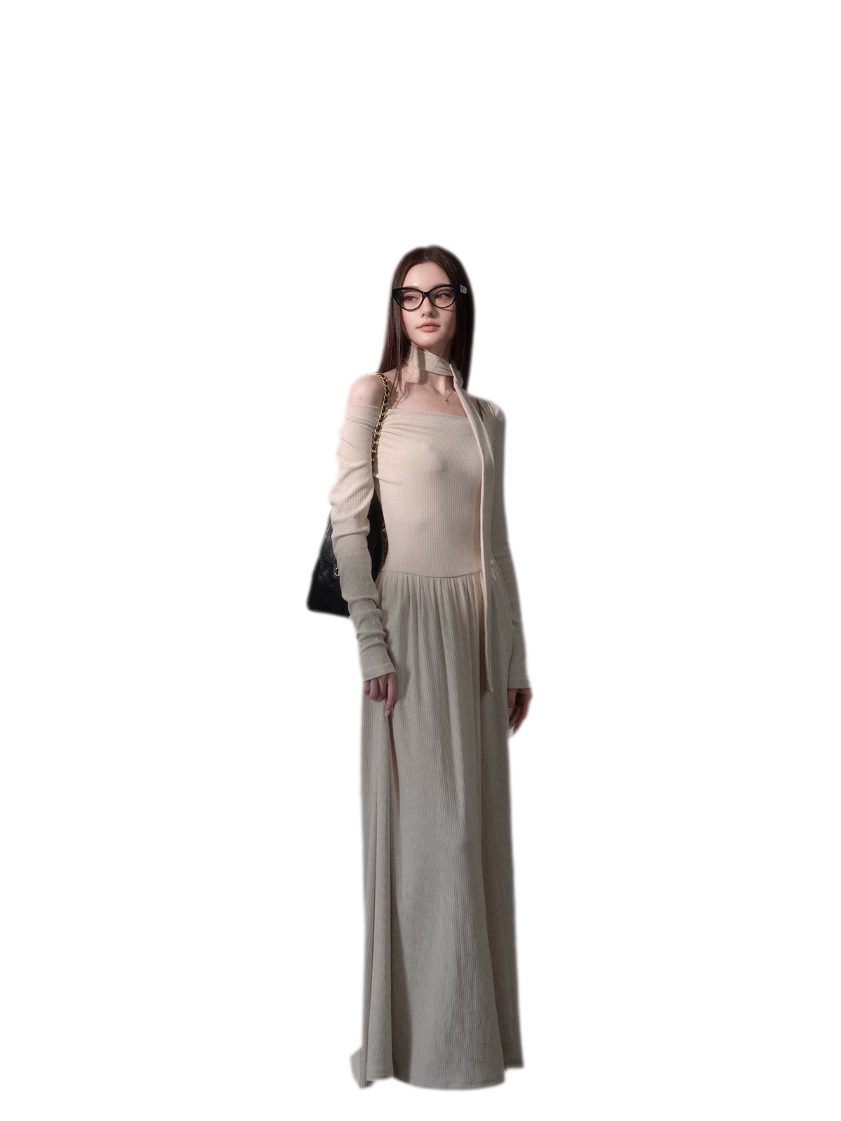 Robe longue côtelée à ruban