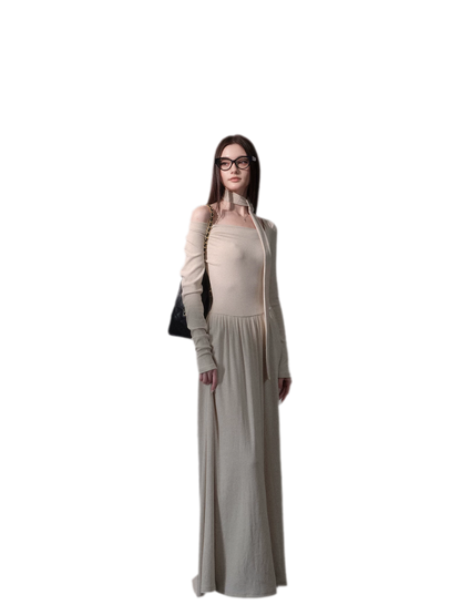Robe longue côtelée à ruban