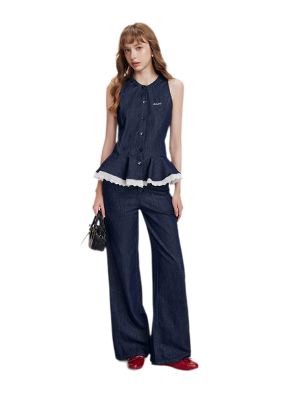 Lace Trim Peplum Denim Set