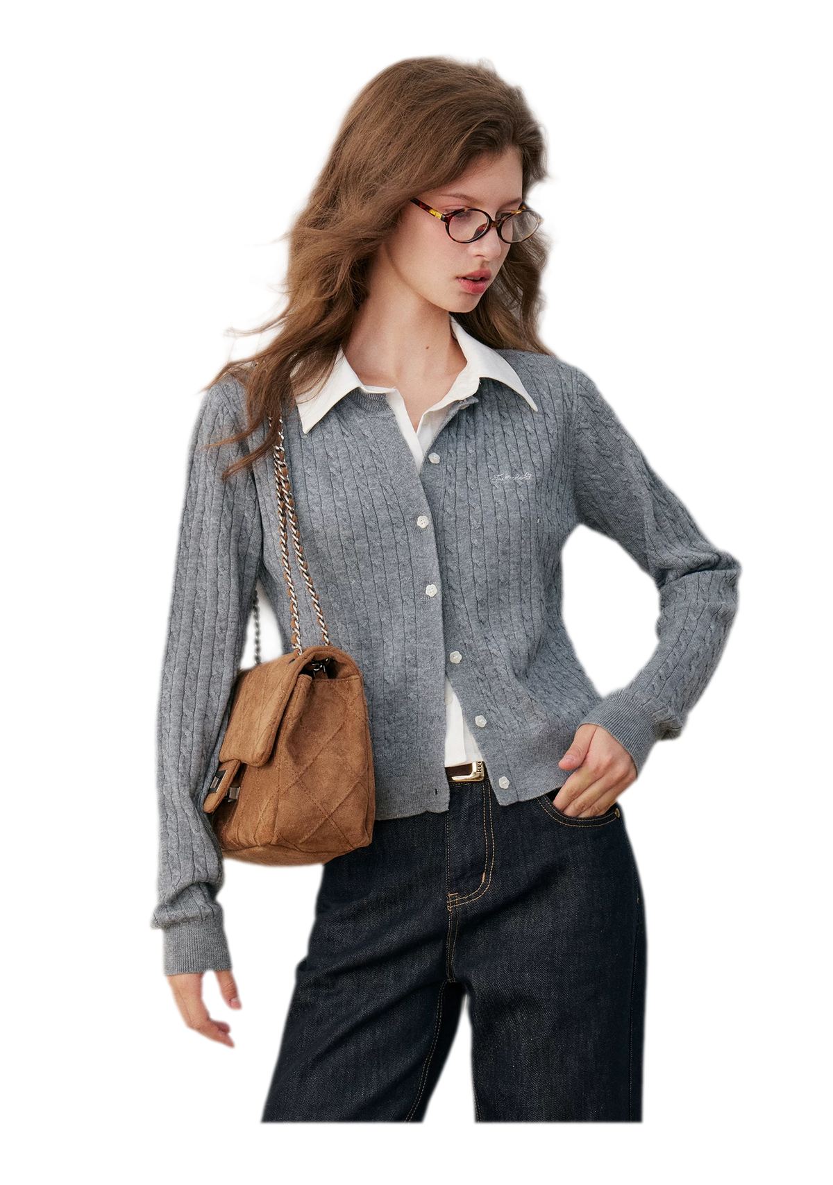 Cardigan en maille torsadée avec empiècement chemise