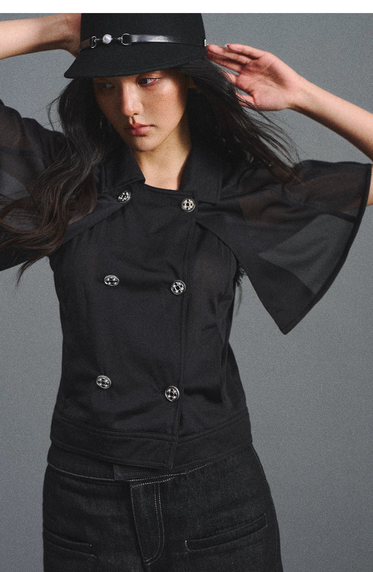 Detachable Cape Chiffon Blouse with Lace Detail