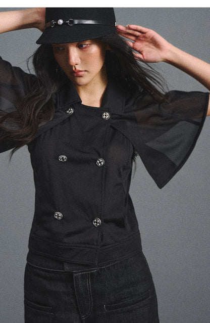 Detachable Cape Chiffon Blouse with Lace Detail