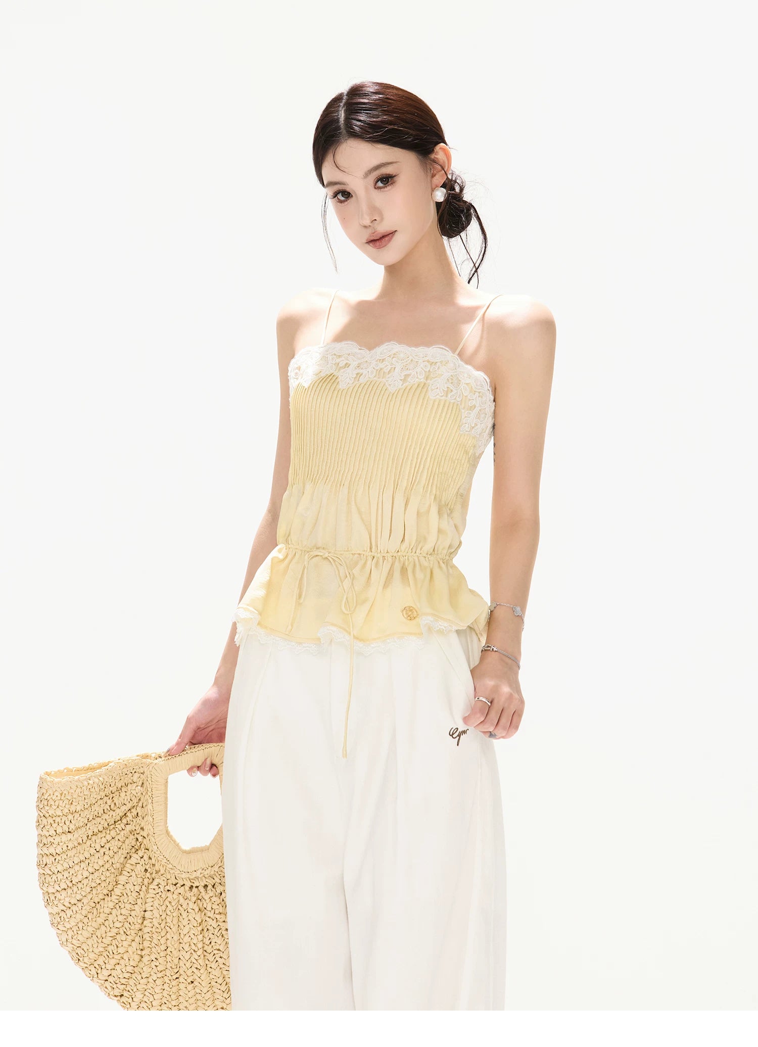 South France Holiday Lace Trim Waist-Cinched Camisole