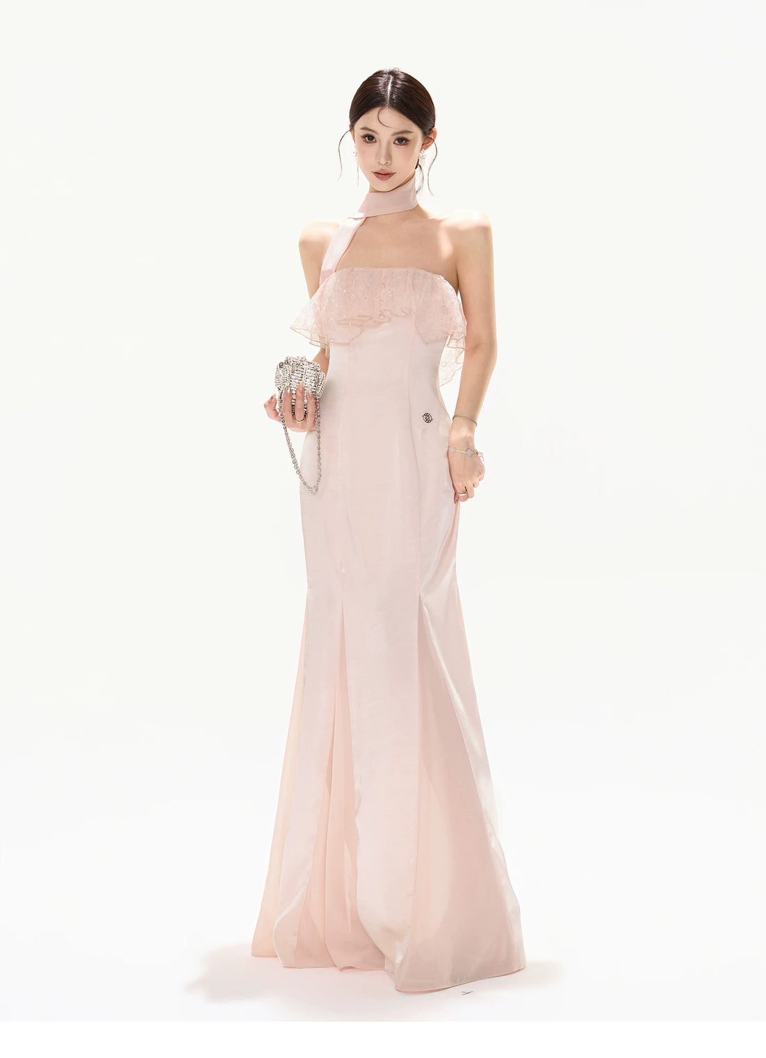CYNR Champagne Pink Lace Fishtail Strapless Long Dress – view 7