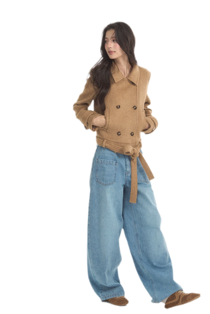 Wool Double-Breasted Cropped Coat