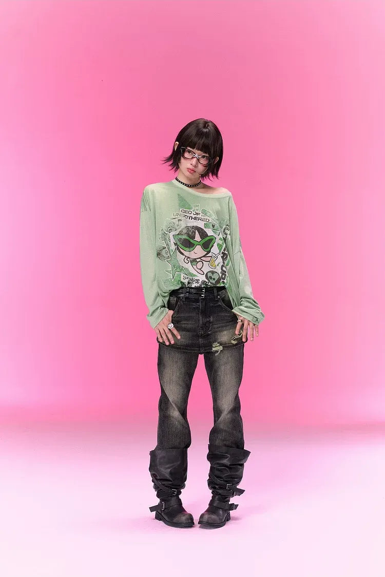 Distressed Print Long-Sleeve T-Shirt