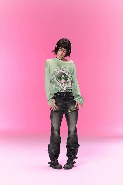 Distressed Print Long-Sleeve T-Shirt
