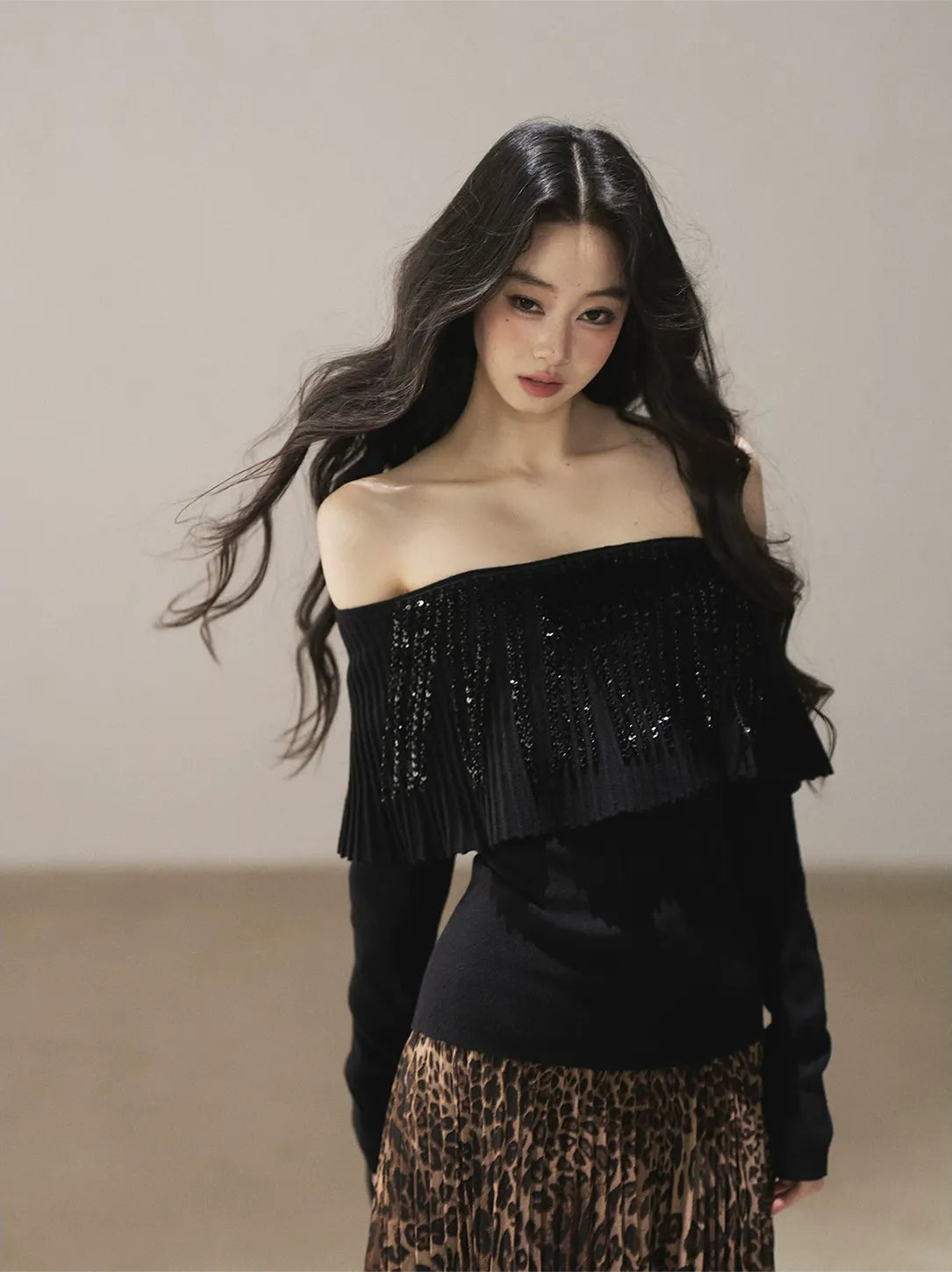 Pleated One-Shoulder Long-Sleeve Top