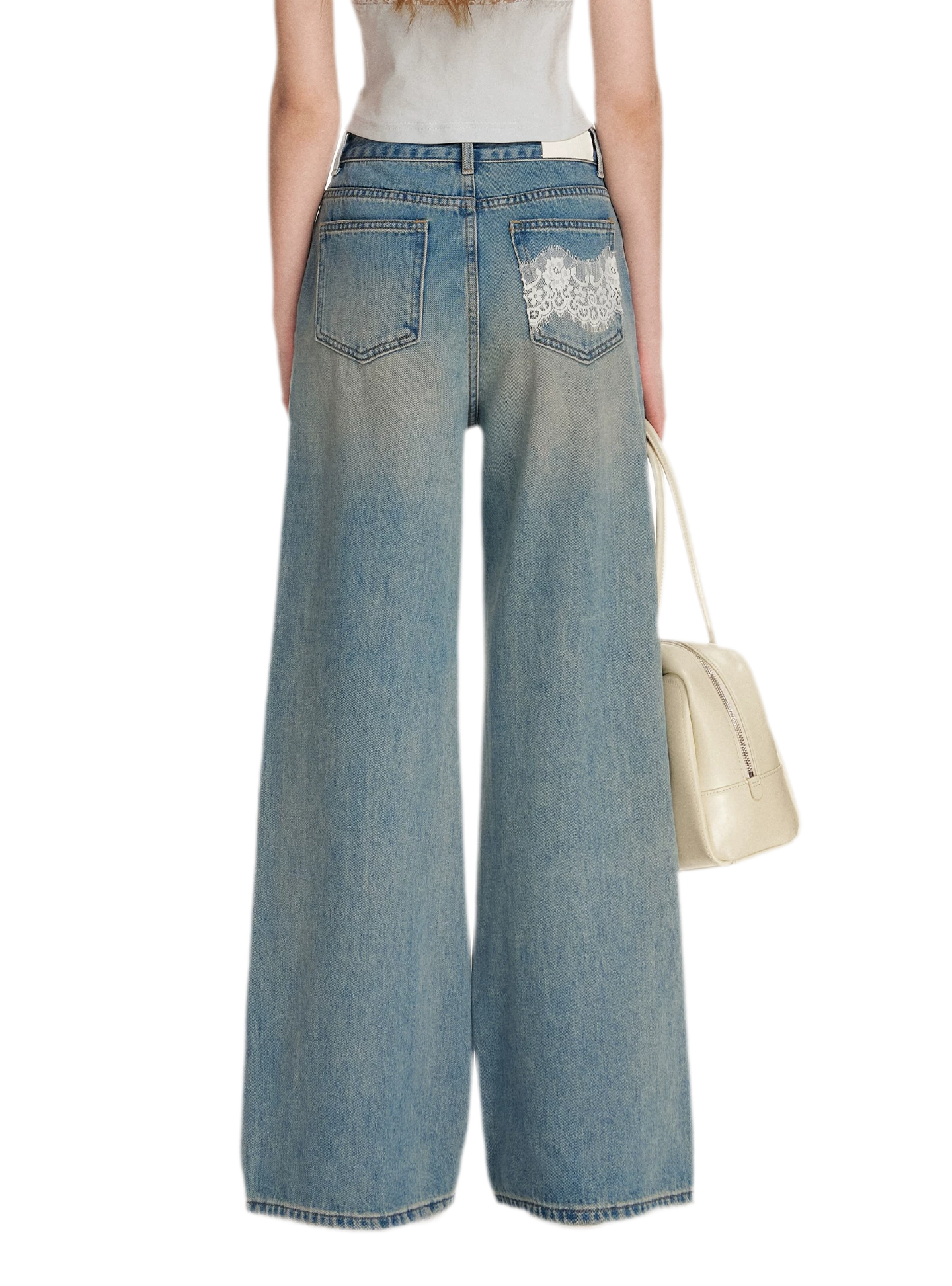 Lace-Trimmed Wide-Leg Denim Pants
