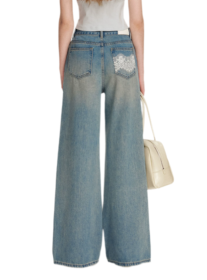 Lace-Trimmed Wide-Leg Denim Pants