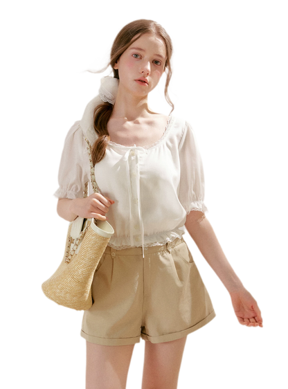 Lace Trim Puff Sleeve T-Shirt