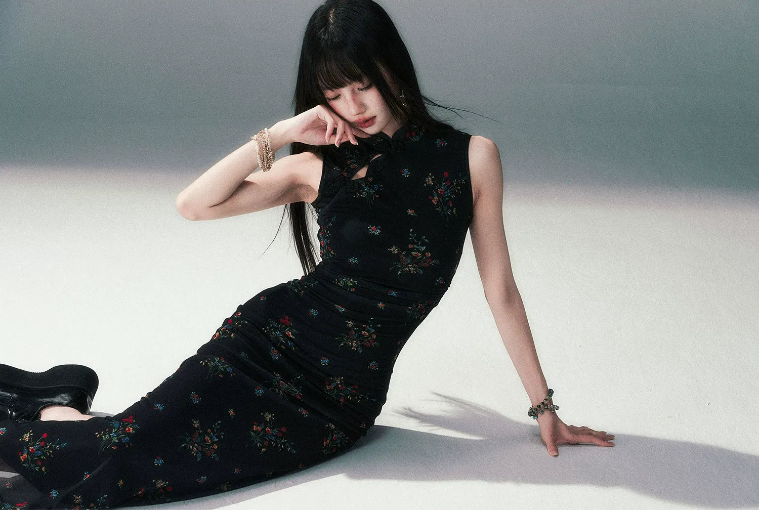Dark Floral Mesh Qipao Dress