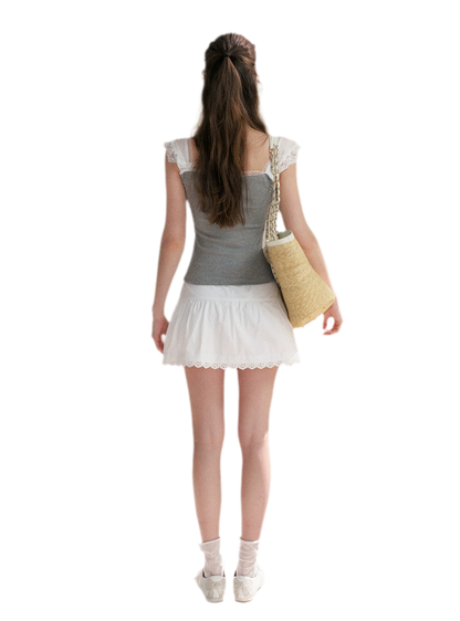 Lace Edge Wide Strap Knit T-Shirt
