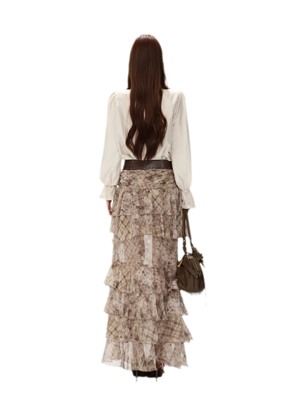 Vintage Ruffle Chiffon Maxi Skirt
