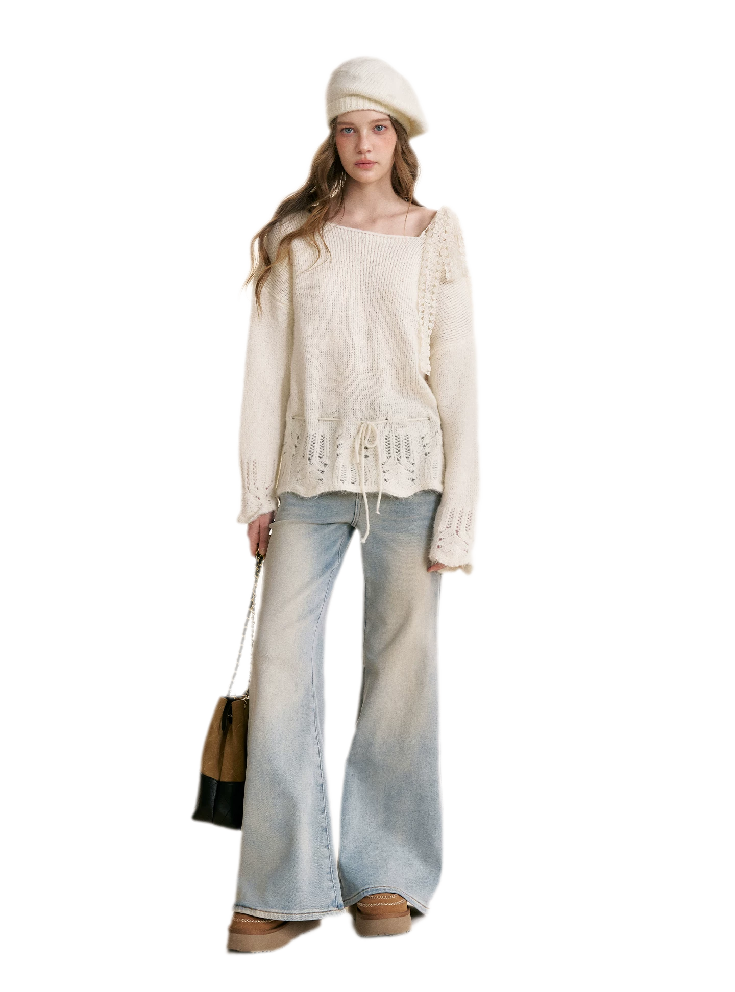 Lace Drawstring Off-Shoulder Sweater
