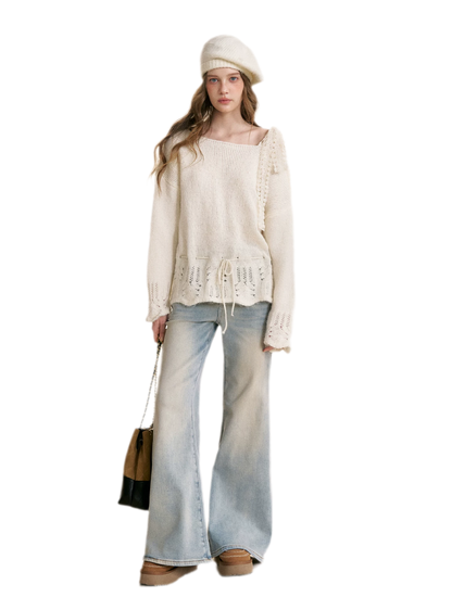 Lace Drawstring Off-Shoulder Sweater