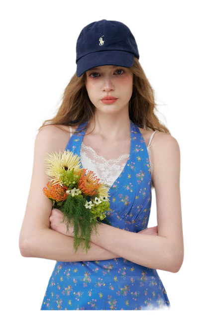 Romantic French Halter V-neck Floral Dress