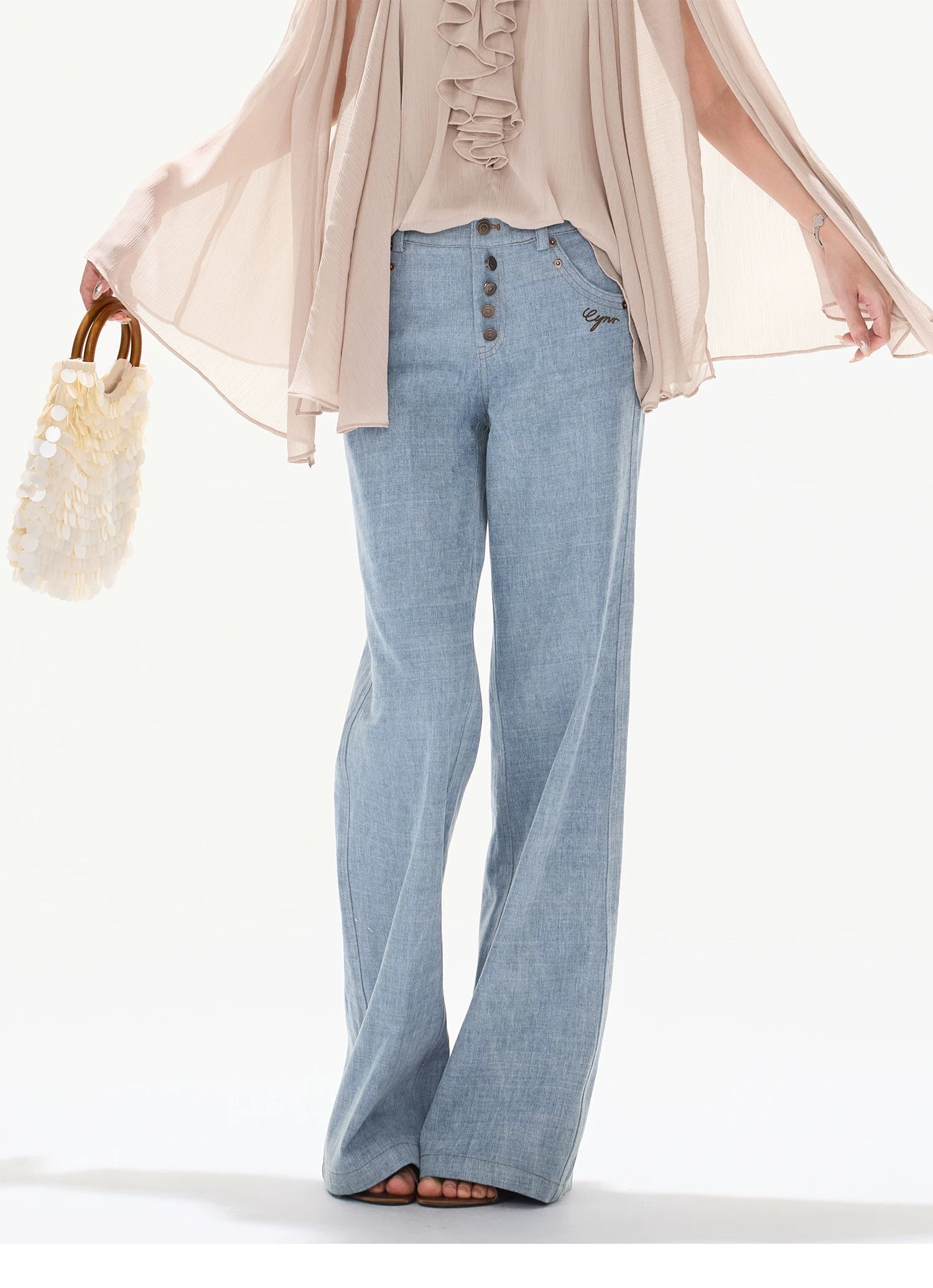 90s Vintage Washed Metal Button Wide-Leg Denim Pants