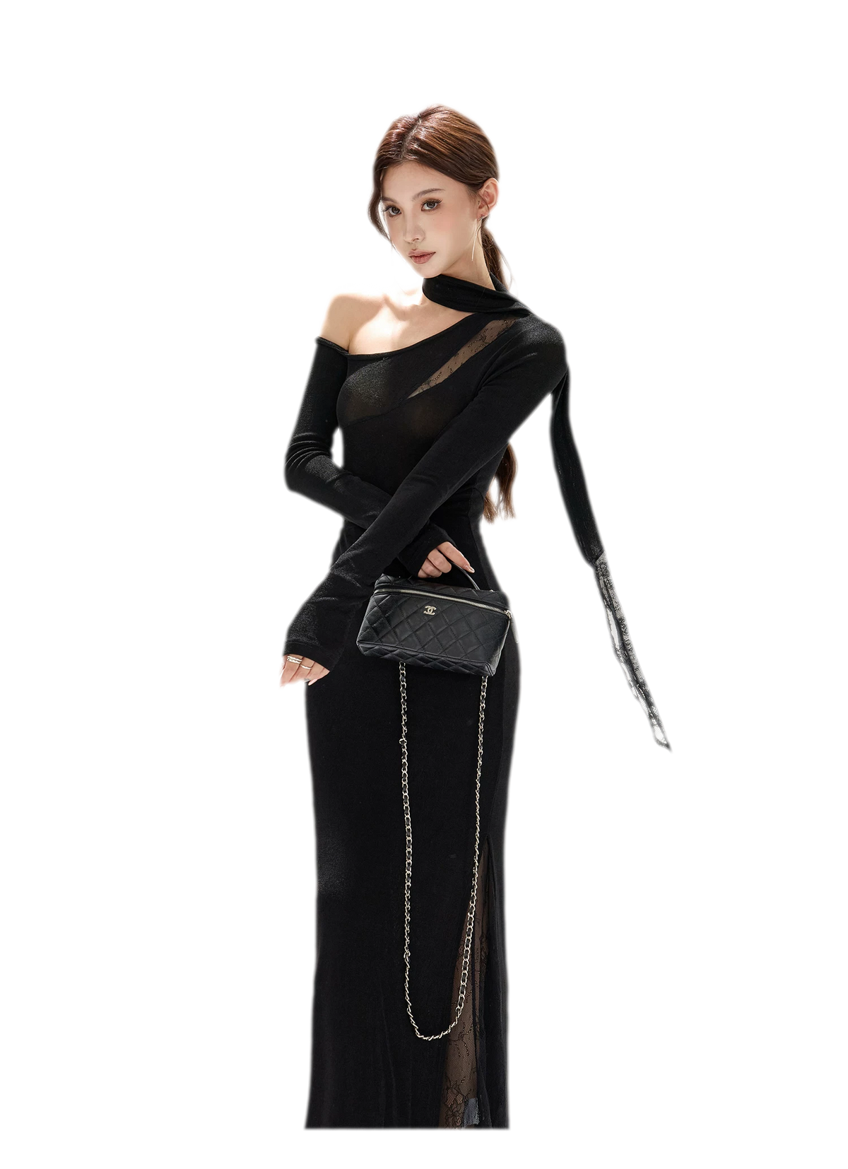Schimmerndes asymmetrisches Spitzen-Strickkleid
