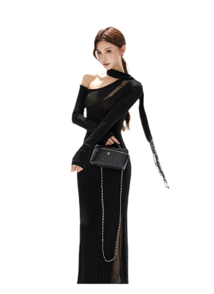 Schimmerndes asymmetrisches Spitzen-Strickkleid