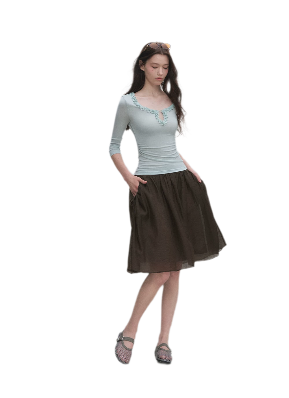 Ruffled Neck Stretch Tee