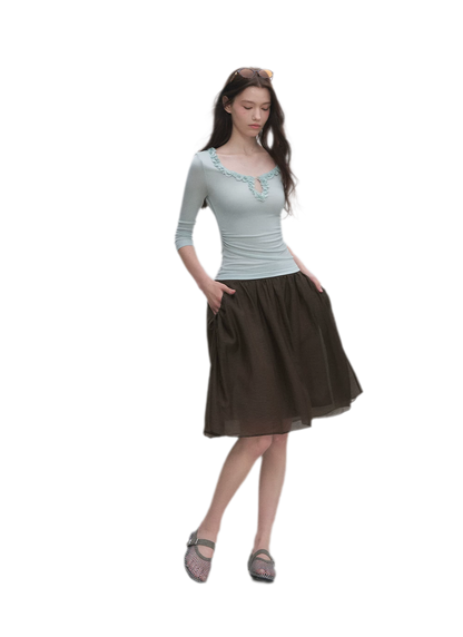 Ruffled Neck Stretch Tee
