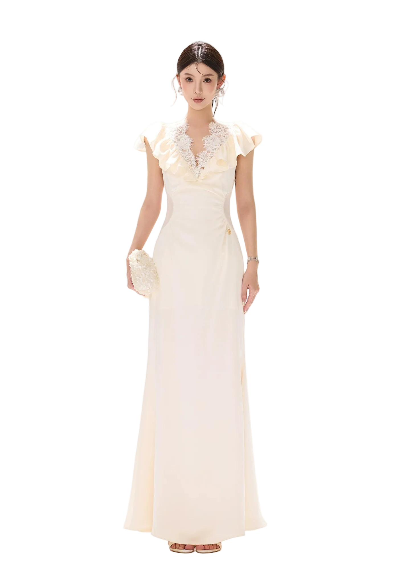 Vintage Ruffled Lace Waist-Cut Long Dress