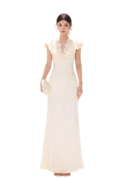 Vintage Ruffled Lace Waist-Cut Long Dress