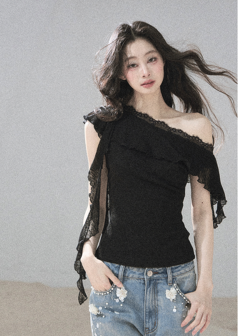 Lace One-Shoulder Crop Tee