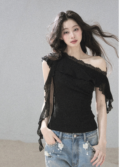 Lace One-Shoulder Crop Tee