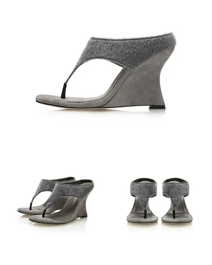 Faux Horsehair Wedge Thong Sandals