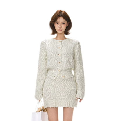 Fluffy Wool Knit Cardigan Set