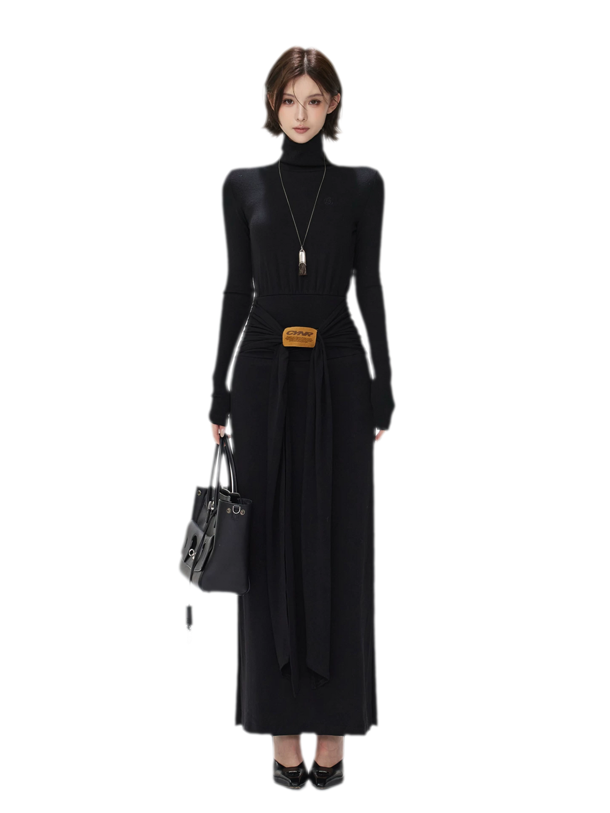 Turtleneck Ruched Waist Knit Dress — Load image 1 in gallery view