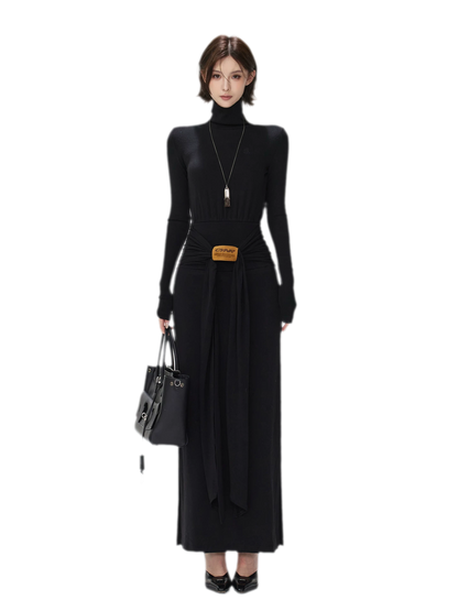 Turtleneck Ruched Waist Knit Dress