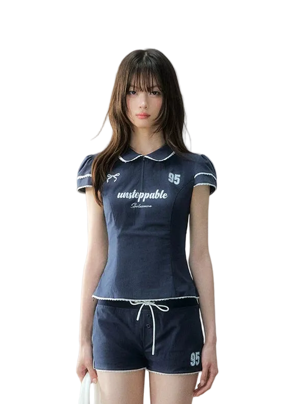 Korean Sporty Print Puff Sleeve Shirt &amp; Shorts