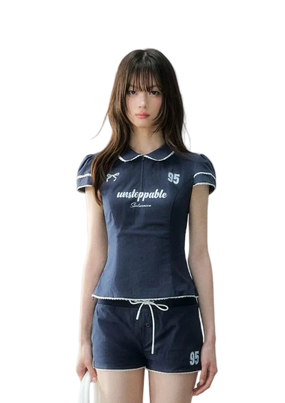 Korean Sporty Print Puff Sleeve Shirt &amp; Shorts