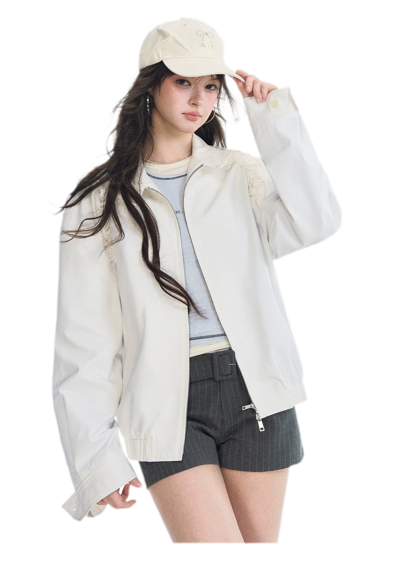 Ruffled Stand Collar Harrington Jacket