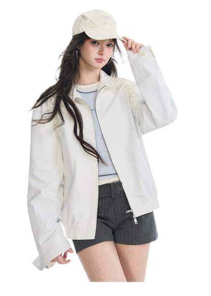 Ruffled Stand Collar Harrington Jacket